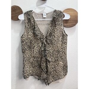 Y2K Silk Richard Malcom Womens Med Leopard Tank Button Up Ruffle Career Cocktail
